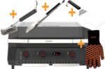 COZZE G 800 COMBO Plancha Grill mit Grillrost Starterset mit COZZE Grillbesteck Grillzange, Grillwender, Grillbürste und Grillhandschuhe