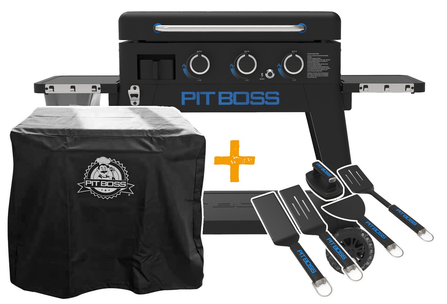 Pit Boss Plancha Grill Ultimate Plancha 3-Brenner mit Untergestell inkl. 5-teilig Grillbesteck Set + Abdeckhaube